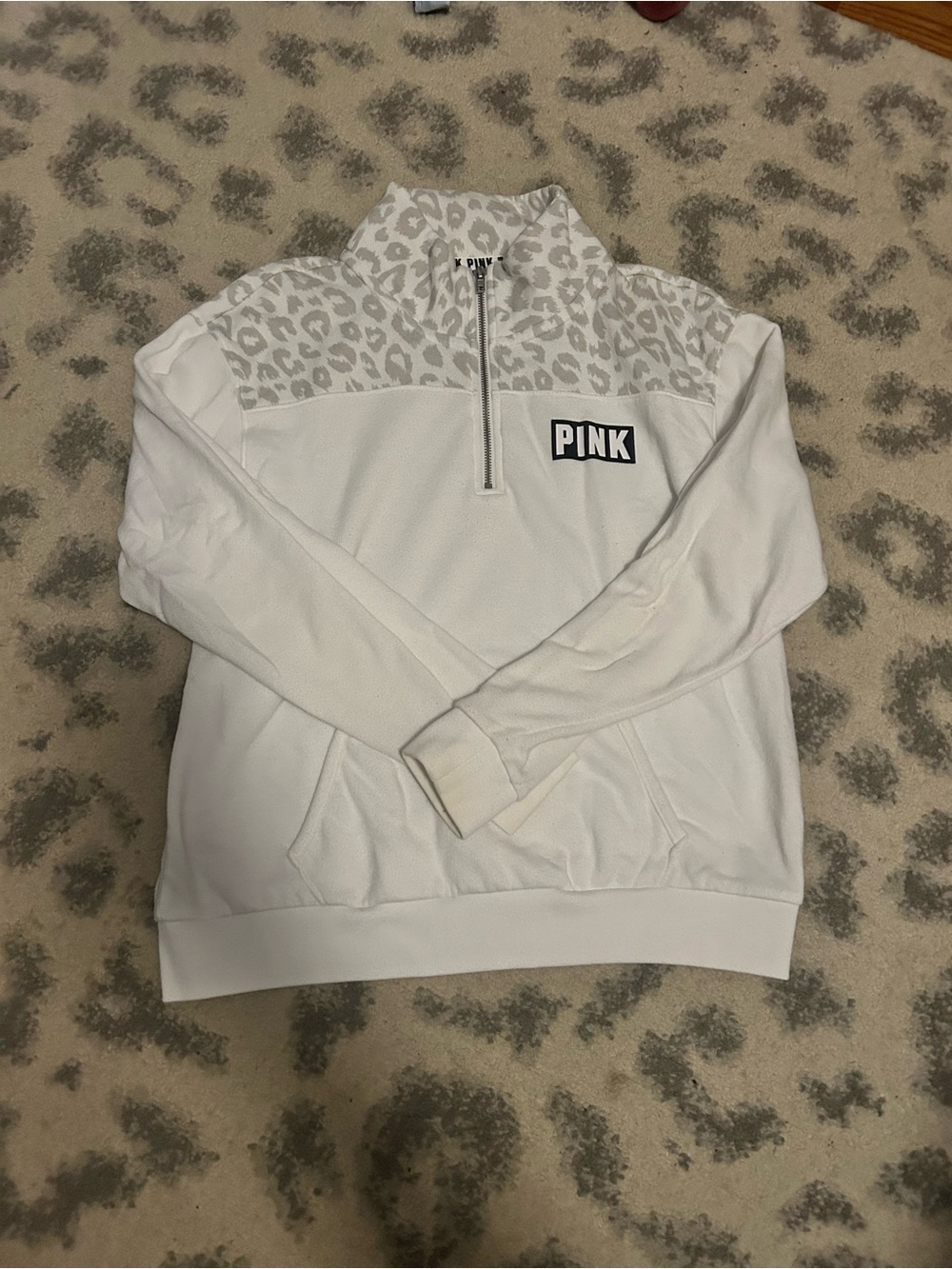 Victoria's Secret PINK White Half-Zip Pullover with Gray Leopard Yoke
